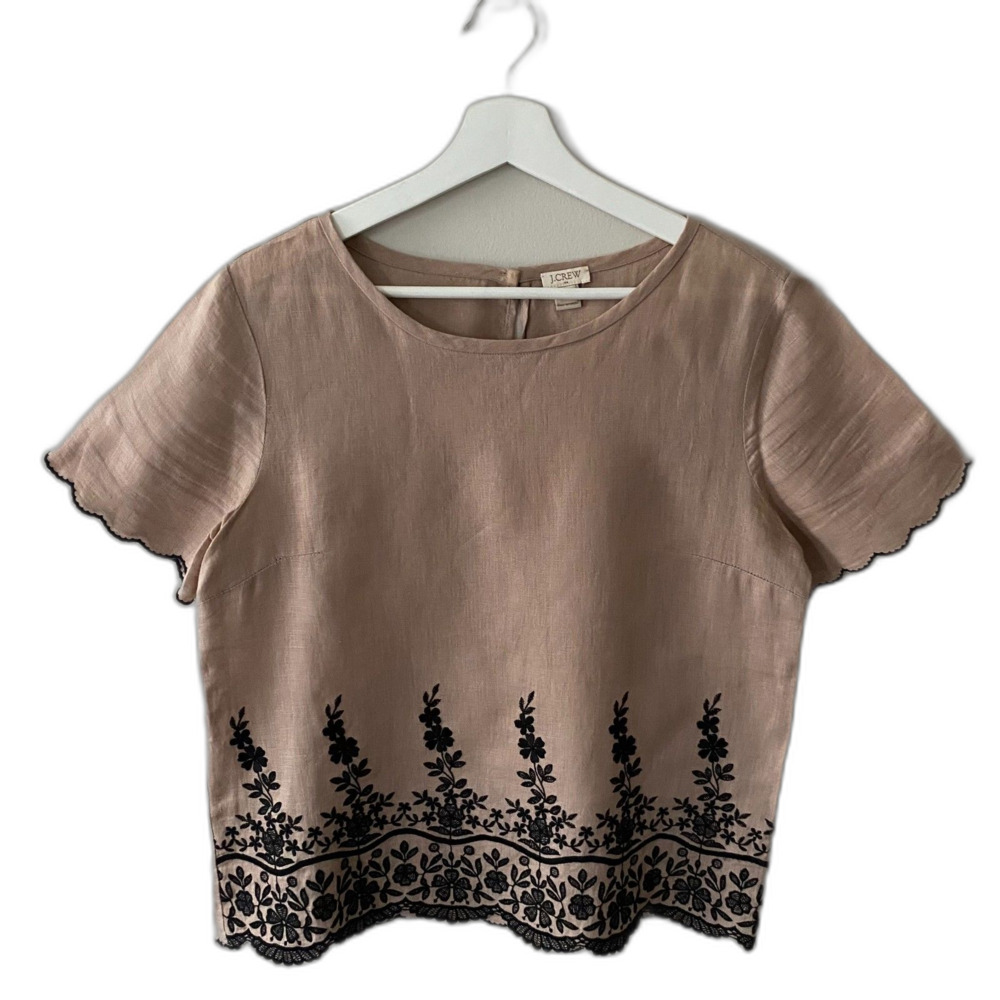 J Crew Linen Blouse Women's Size 4 Beige Black Short Sleeve Embroidered Boho